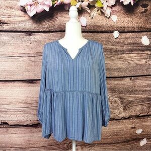 Fever Women’s Rayon Blue Embroidered Flared Striped V-Neck Blouse Large